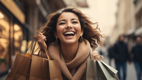 Happy customer holding shopping bags after a successful purchase