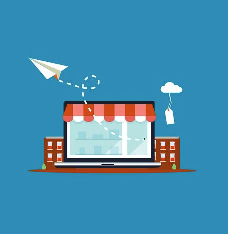 Illustration of a small business storefront on a laptop with email delivery and affordable cloud pricing