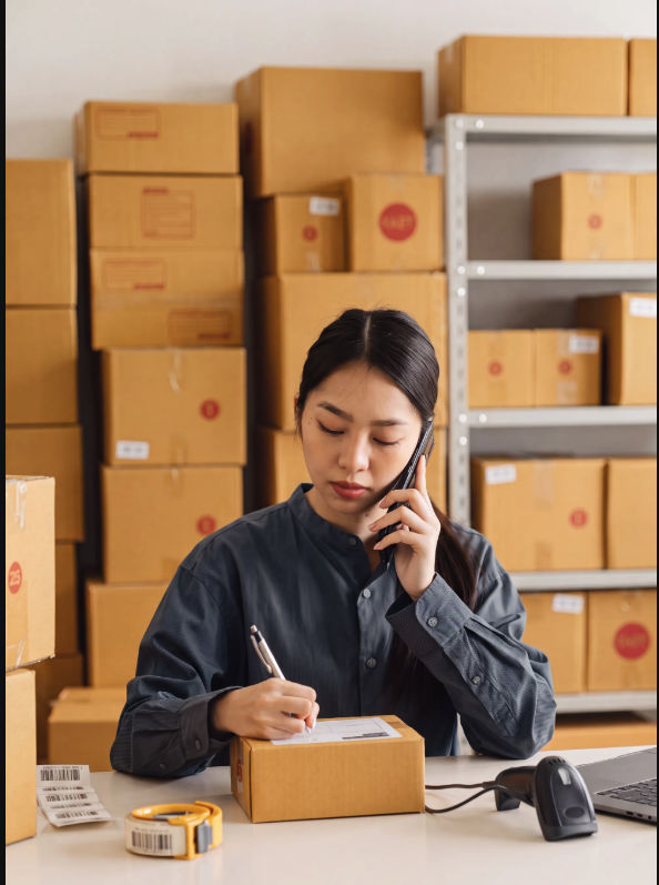 Business owner labeling a shipment while taking a phone call
