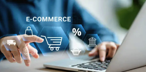 E-commerce tools and shopping icons over a laptop workspace